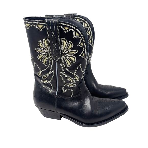 Golden Goose Womens 38 Black Wish Star Western Boot Yellow Sky Embroidery Italy